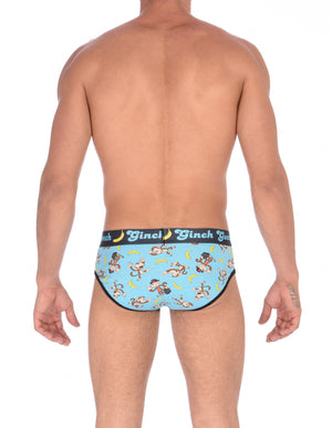Ginch Gonch Monkey Business Men's Underwear Brief with blue background, monkeys, and bananas. Black trim and printed waistband with Ginch Gonch and bananas. Back