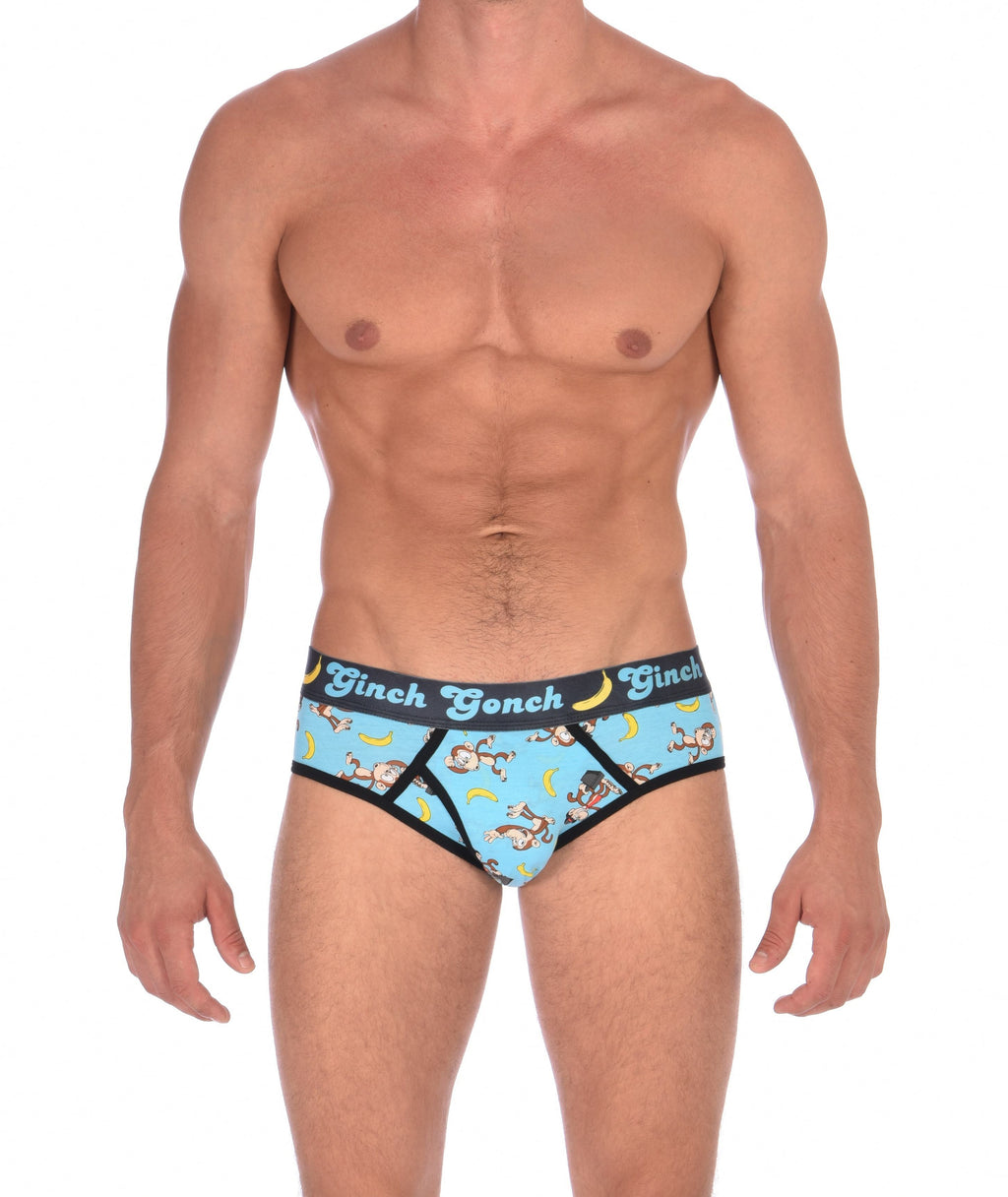 Ginch Gonch Monkey Business Men's Underwear Brief with blue background, monkeys, and bananas. Black trim and printed waistband with Ginch Gonch and bananas. Front
