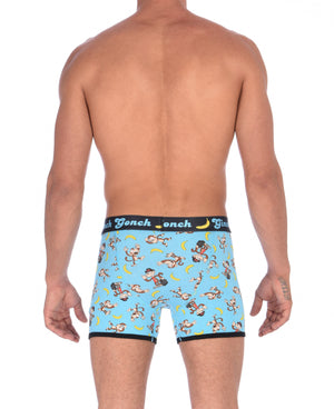 Ginch Gonch Monkey Business Boxer Brief Trunk with blue background, monkeys, and bananas. Black trim and printed waistband with Ginch Gonch and bananas. Back