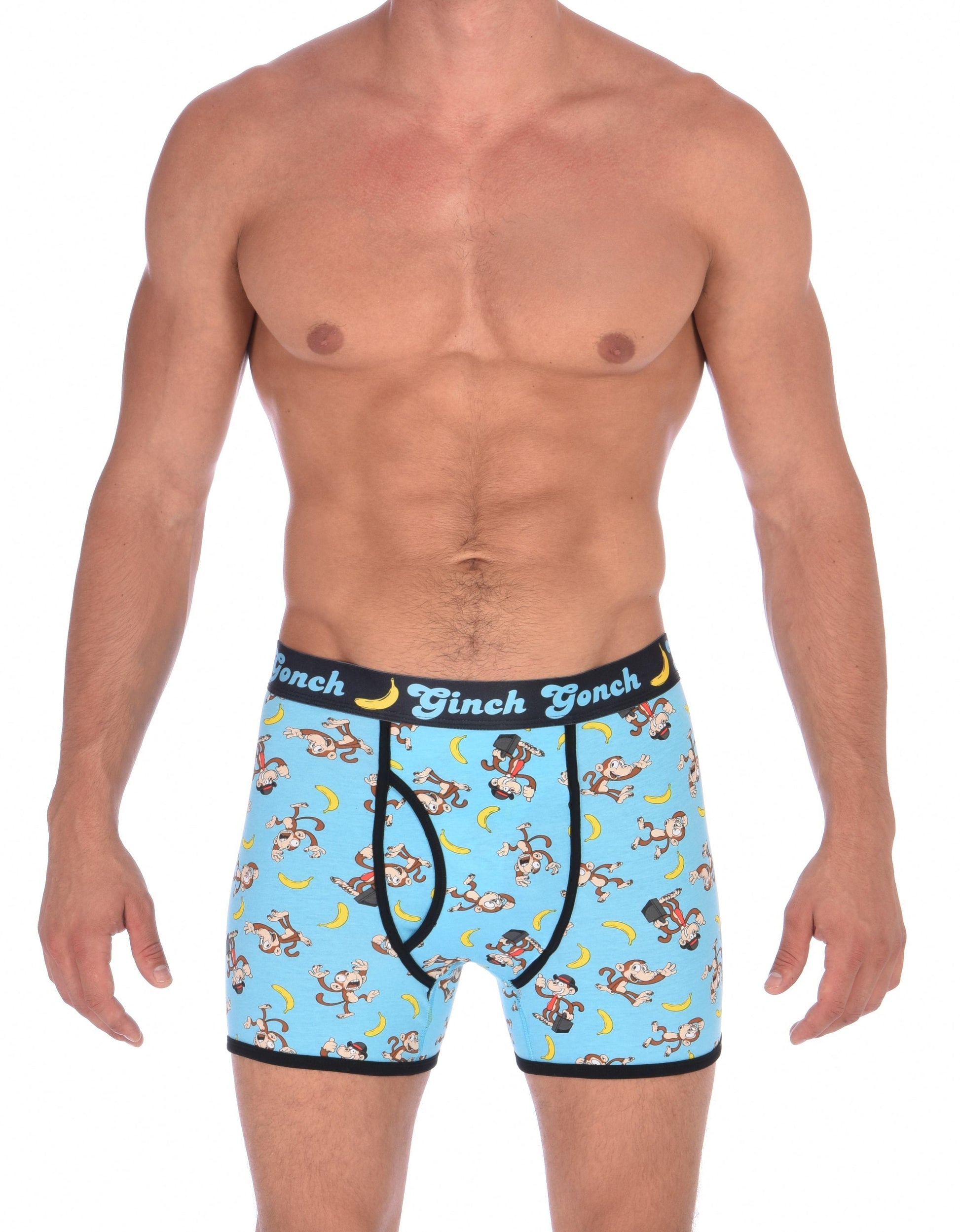 Ginch Gonch Monkey Business Boxer Brief Trunk with blue background, monkeys, and bananas. Black trim and printed waistband with Ginch Gonch and bananas. Front