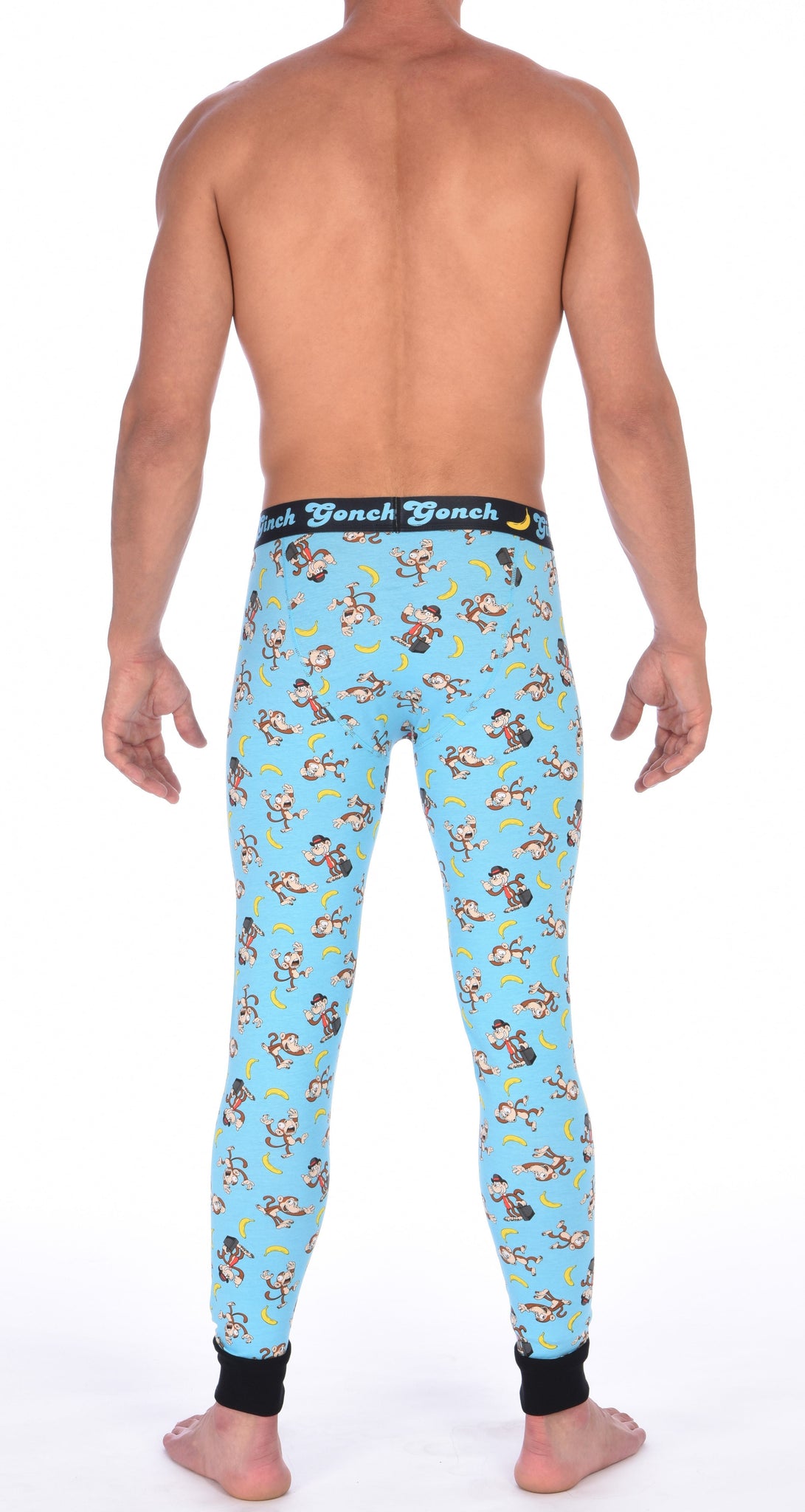 Ginch Gonch Monkey Business Men's Leggings Long Johns Underwear with blue background, monkeys, and bananas. Black trim and printed waistband with Ginch Gonch and bananas. Back.