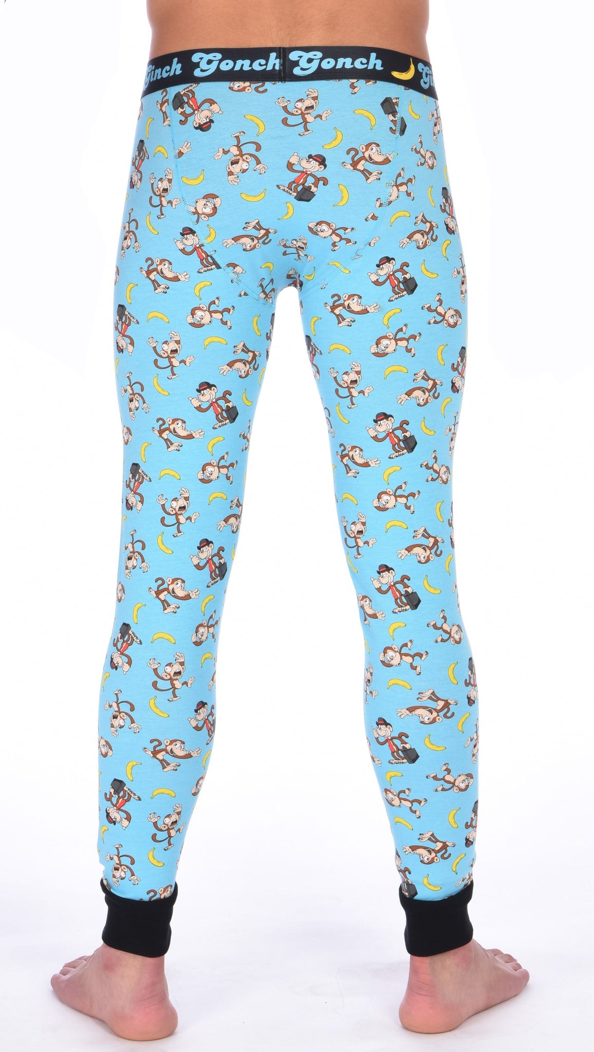 Ginch Gonch Monkey Business Men's Leggings Long Johns Underwear with blue background, monkeys, and bananas. Black trim and printed waistband with Ginch Gonch and bananas. Back.