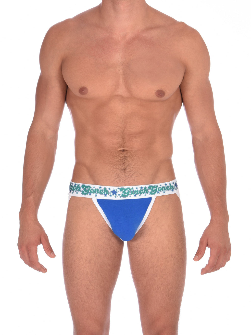 Ginch Gonch Blue Lagoon men's jock strap blue fabric with white trim and printed waistband front