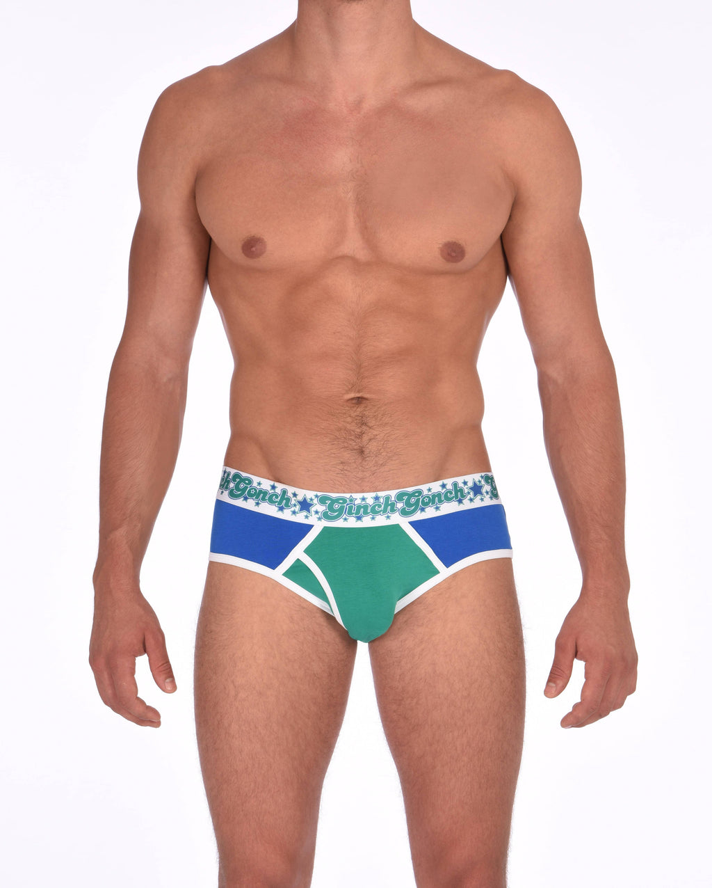 Ginch Gonch Blue Lagoon men's low rise briefs y front blue and green. panels with white trim and printed waistband