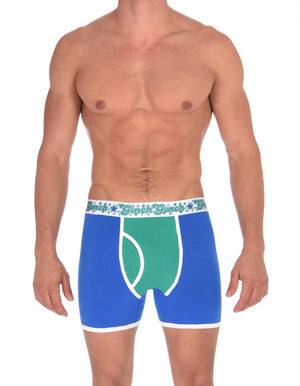 Ginch Gonch Blue Lagoon men's boxer briefs trunks y front blue and green. panels with white trim and printed waistband
