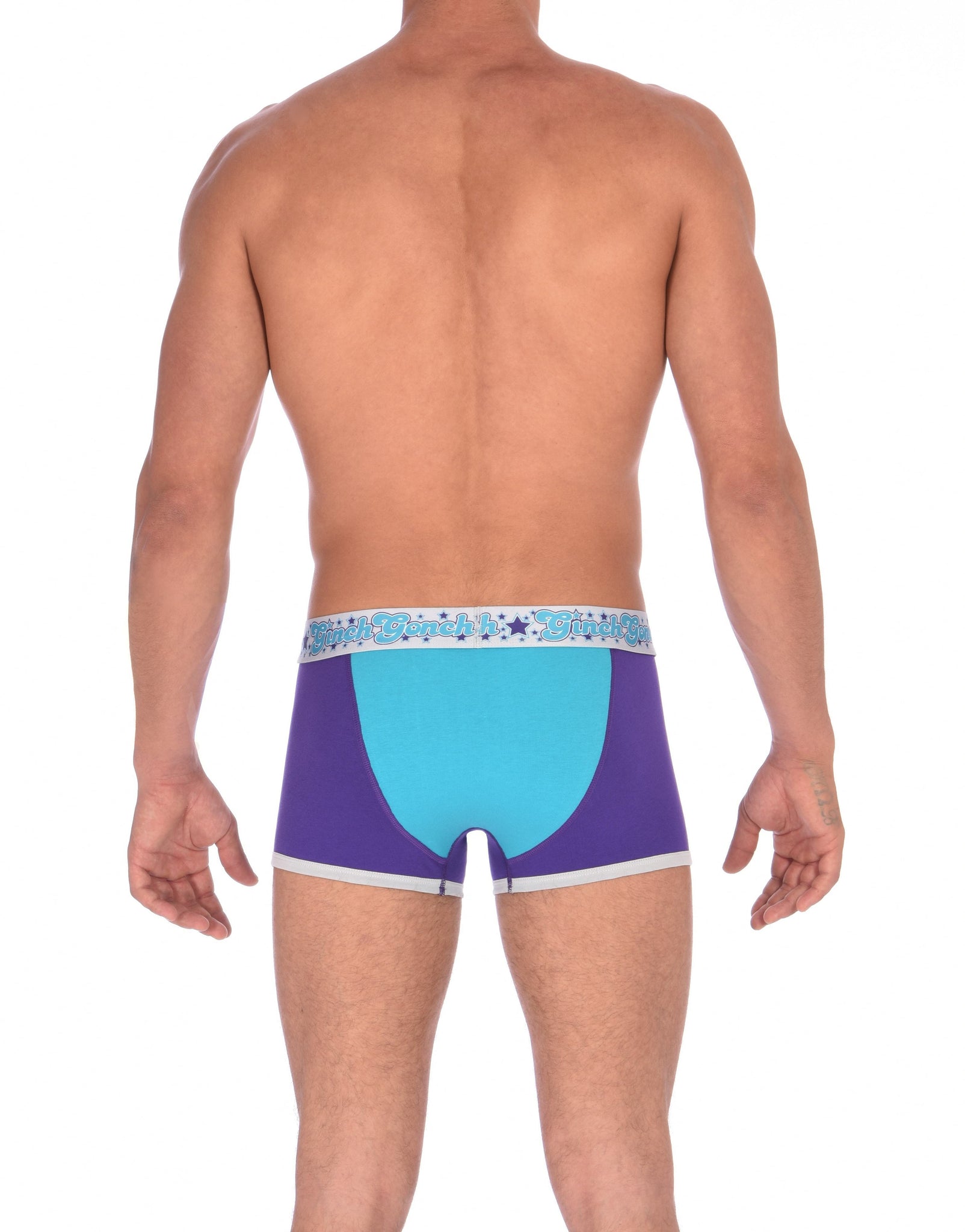GG Ginch Gonch Purple Haze Trunk Boxer Brief y front - Men's Underwear purple and aqua panels with grey trim and silver printed waistband back
