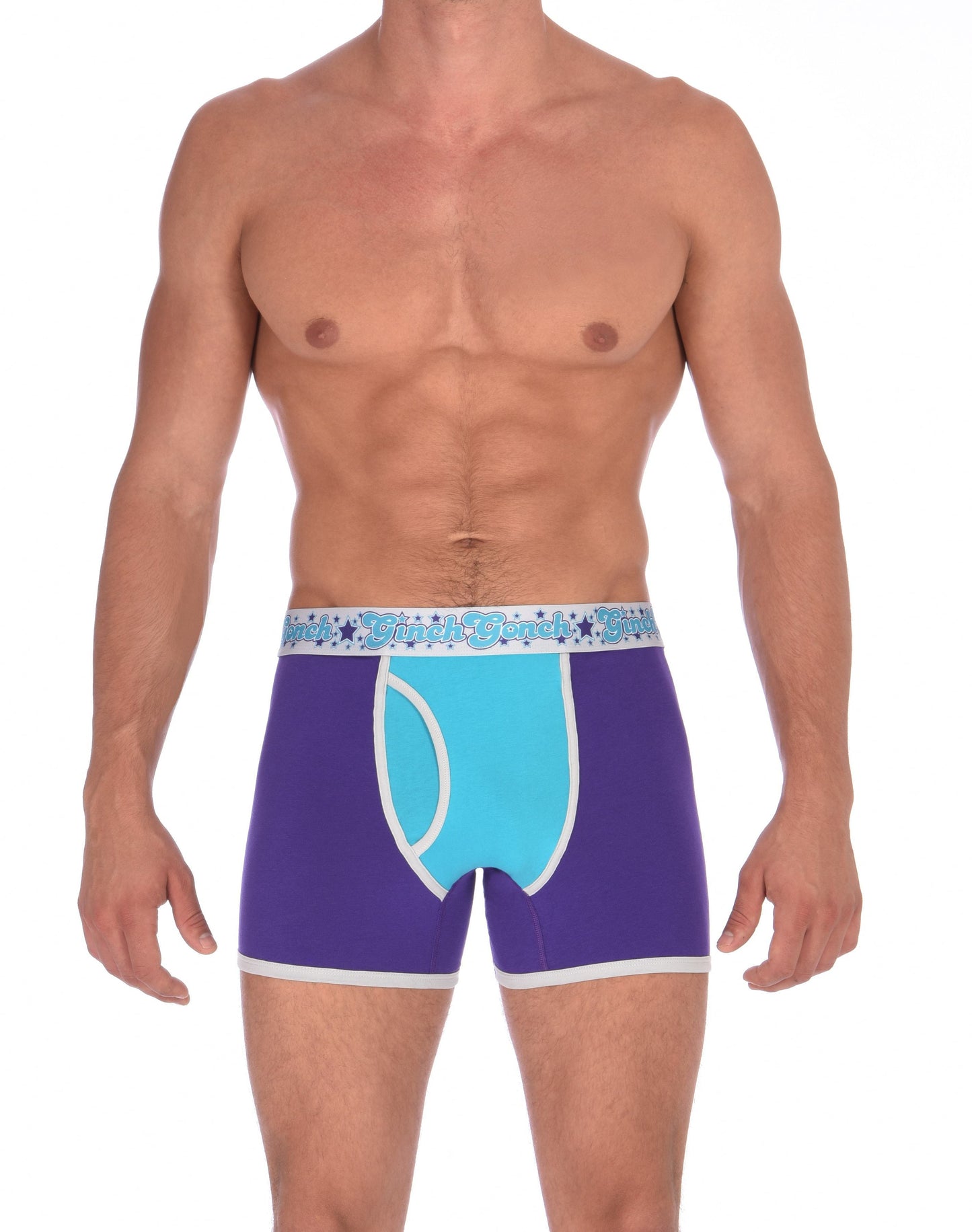 GG Ginch Gonch Purple Haze Boxer Brief y front - Men's Underwear purple and aqua panels with grey trim and silver printed waistband front 