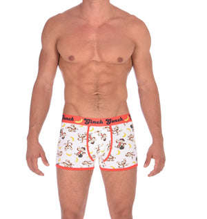 GG Ginch Gonch Gone Bananas Boxer Brief men's underwear trunk white fabric with monkeys and bananas red trim and red printed waistband front