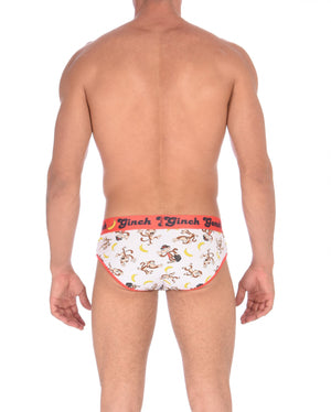 GG Ginch Gonch Gone Bananas low rise Brief men's underwear y front white fabric with monkeys and bananas red trim and red printed waistband back