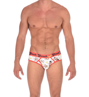 GG Ginch Gonch Gone Bananas low rise Brief men's underwear y front white fabric with monkeys and bananas red trim and red printed waistband front