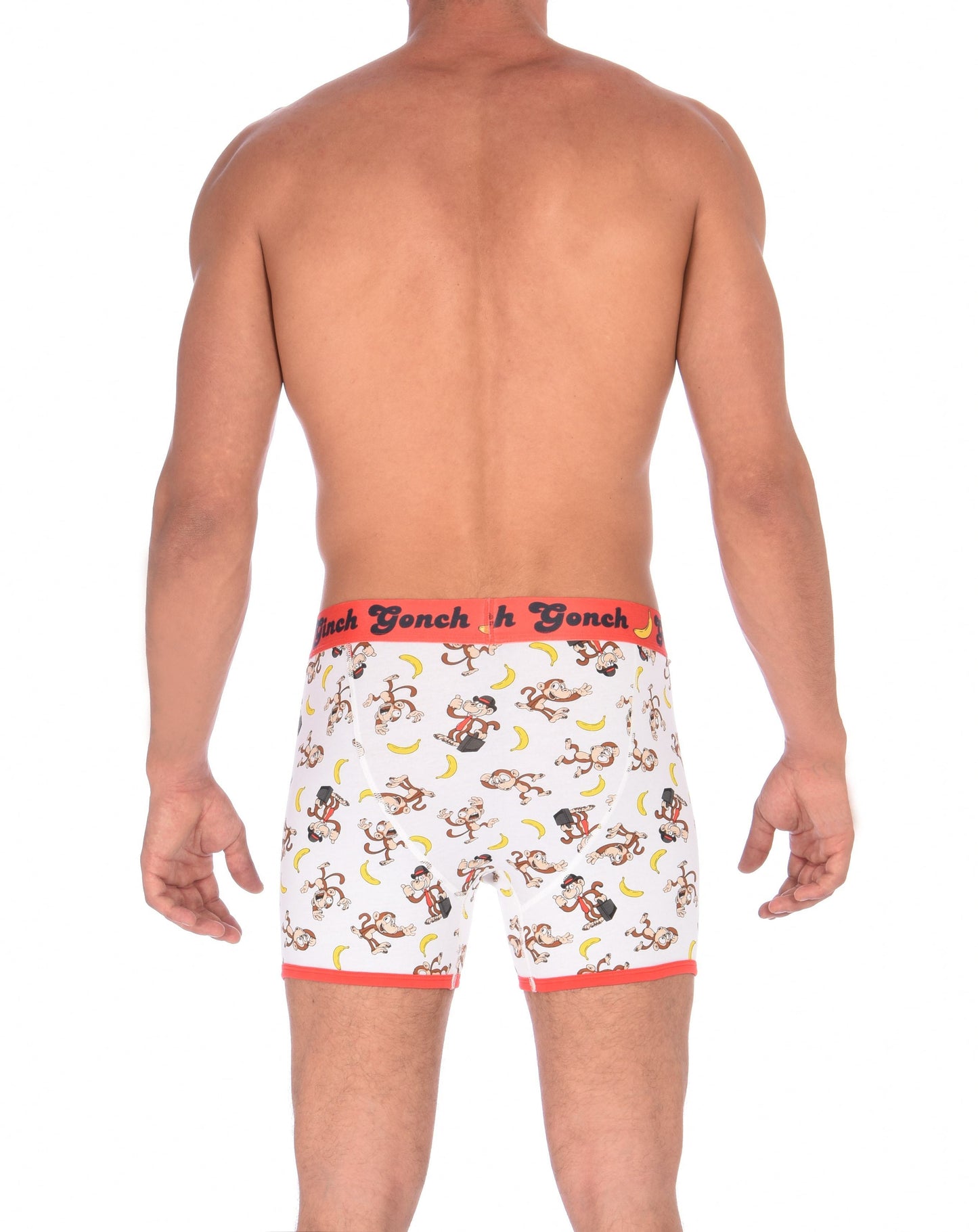 GG Ginch Gonch Gone Bananas Boxer Brief men's underwear trunk y front white fabric with monkeys and bananas red trim and red printed waistband back