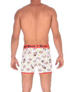 GG Ginch Gonch Gone Bananas Boxer Brief men's underwear trunk y front white fabric with monkeys and bananas red trim and red printed waistband back