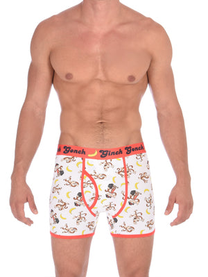 GG Ginch Gonch Gone Bananas Boxer Brief men's underwear trunk y front white fabric with monkeys and bananas red trim and red printed waistband front