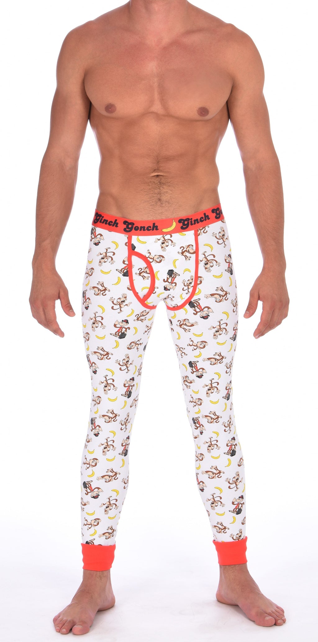 GG Ginch Gonch Gone Bananas leggings long johns men's long underwear white fabric with monkeys and bananas red trim and red printed waistband y front