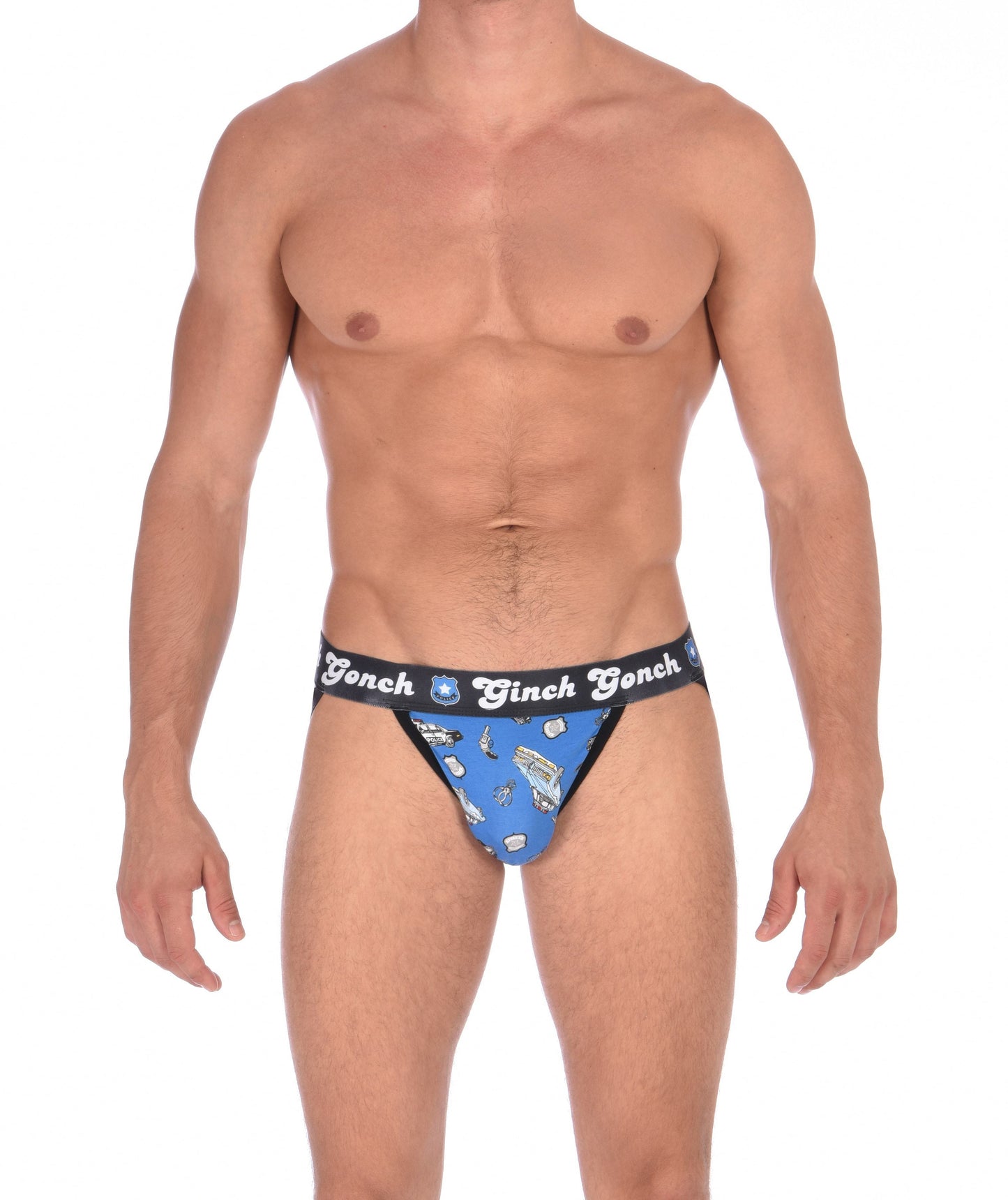 Ginch Gonch GG Patrol jock strap men's underwear blue fabric with cop cars, badges, hand cuffs, and guns. Black trim and black printed waistband front.
