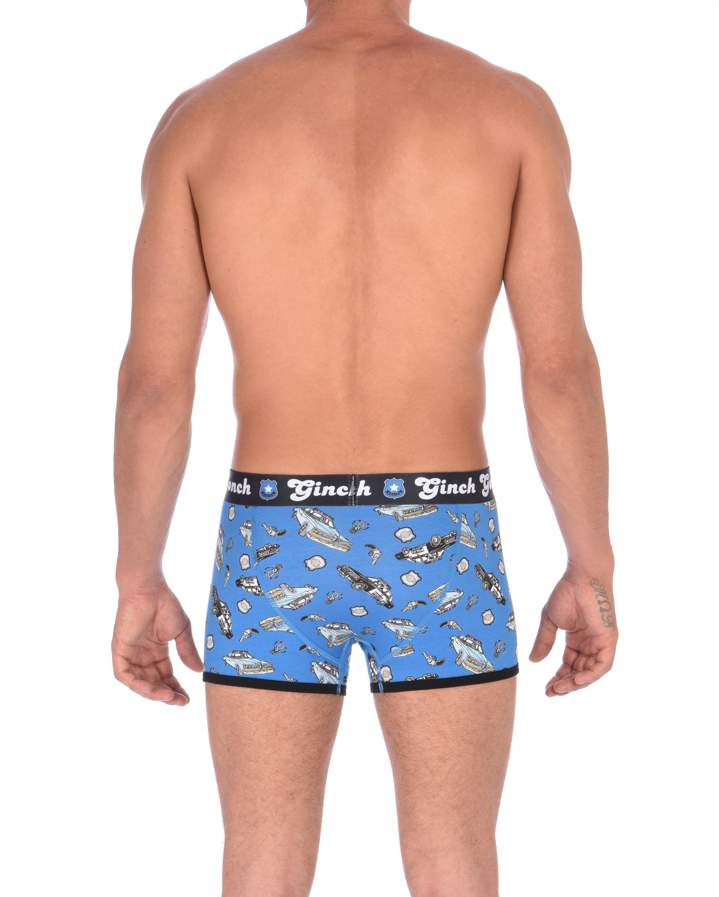 Ginch GonchGG Patrol Boxer Brief trunk men's underwear blue fabric with cop cars, badges, hand cuffs, and guns. Black trim and black printed waistband back