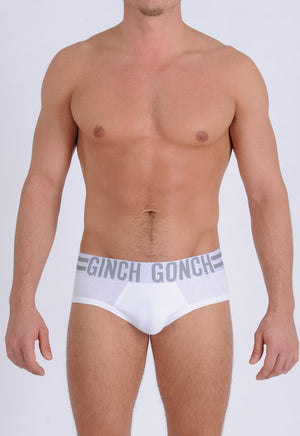 Ginch Gonch Men's Signature Series Underwear - Low Rise Brief white printed thick waistband front