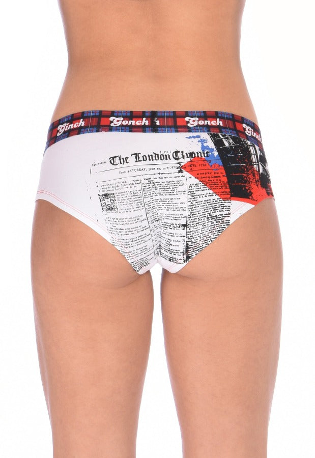 Ginch Gonch Women's Brief London Calling blue and red underwear white background plaid waistband black and blue trim binding big ben london eye back