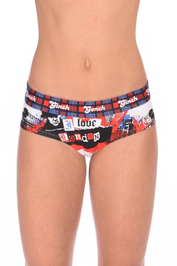 Ginch Gonch Women's Brief London Calling blue and red underwear white background plaid waistband black and blue trim binding big ben london eye