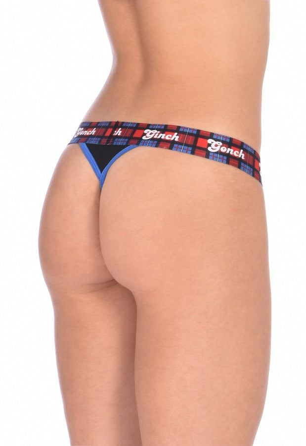 Ginch Gonch Women's thong underwear London Calling black blue and red underwear plaid waistband black and blue trim binding big ben side back