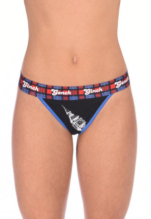 Ginch Gonch Women's thong underwear London Calling black blue and red underwear plaid waistband black and blue trim binding big ben front