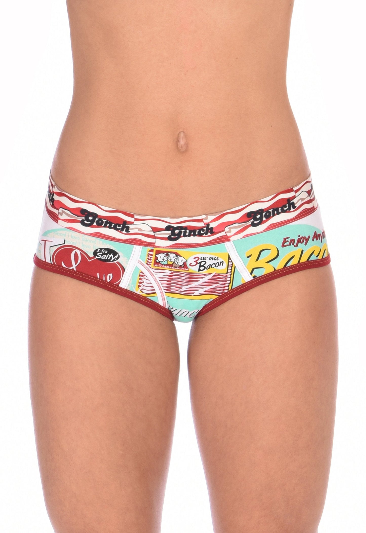 I Love Bacon Brief Ginch Gonch Women's underwear boy cut y front with white teal and red, and bacon detail and waistband front