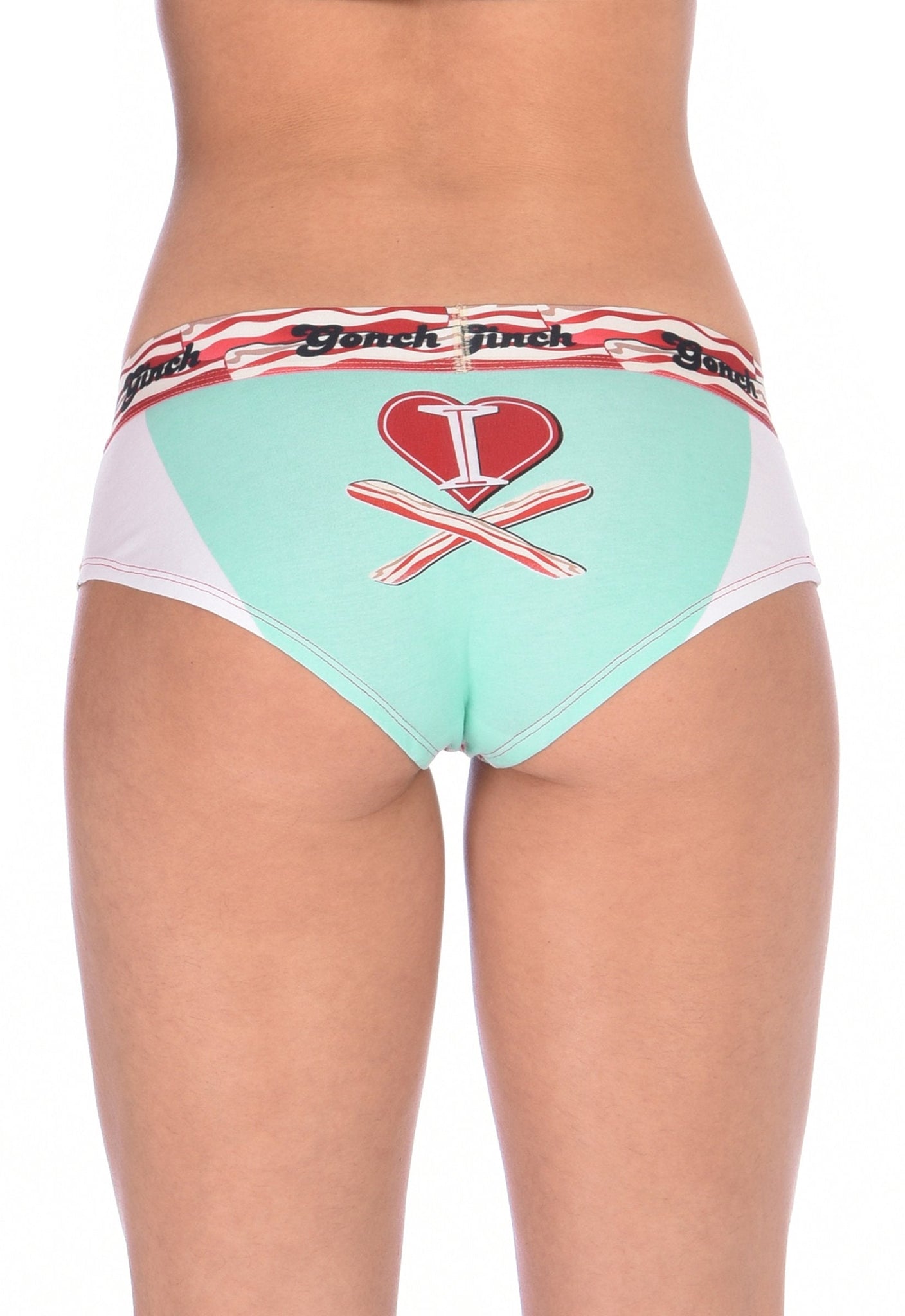 I Love Bacon Brief Ginch Gonch Women's underwear boy cut gogo with white teal and red, and bacon detail and waistband back