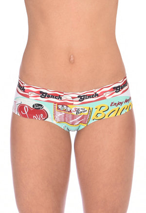 I Love Bacon Brief Ginch Gonch Women's underwear boy cut gogo with white teal and red, and bacon detail and waistband front