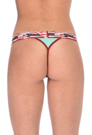 I Love Bacon Ginch Gonch Women's underwear thong with white teal and red, and bacon detail and waistband back