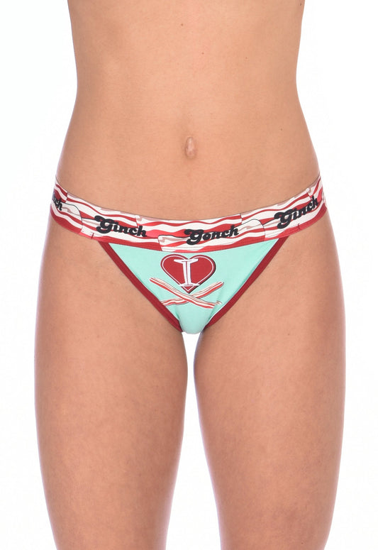 I Love Bacon Ginch Gonch Women's underwear thong with white teal and red, and bacon detail and waistband front