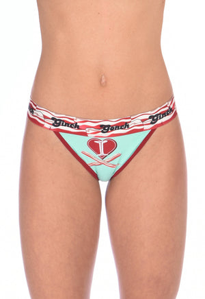 I Love Bacon Ginch Gonch Women's underwear thong with white teal and red, and bacon detail and waistband front
