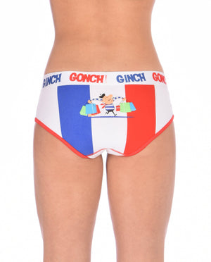 GG Ginch Gonch I Love Paris boy cut Brief - y front women's Underwear white fabric with scene of french flag and french person red and white trim and white printed waistband front