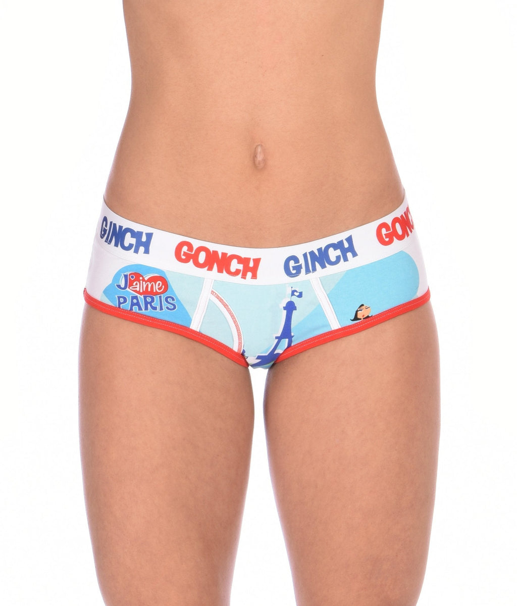 GG Ginch Gonch I Love Paris boy cut Brief - y front women's Underwear white fabric with scene of eiffel tower and french person red and white trim and white printed waistband front