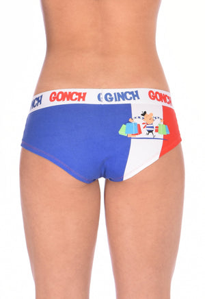GG Ginch Gonch I Love Paris boy cut cheeky gogo -  women's Underwear white fabric with scene of french flag and french person and white printed waistband front