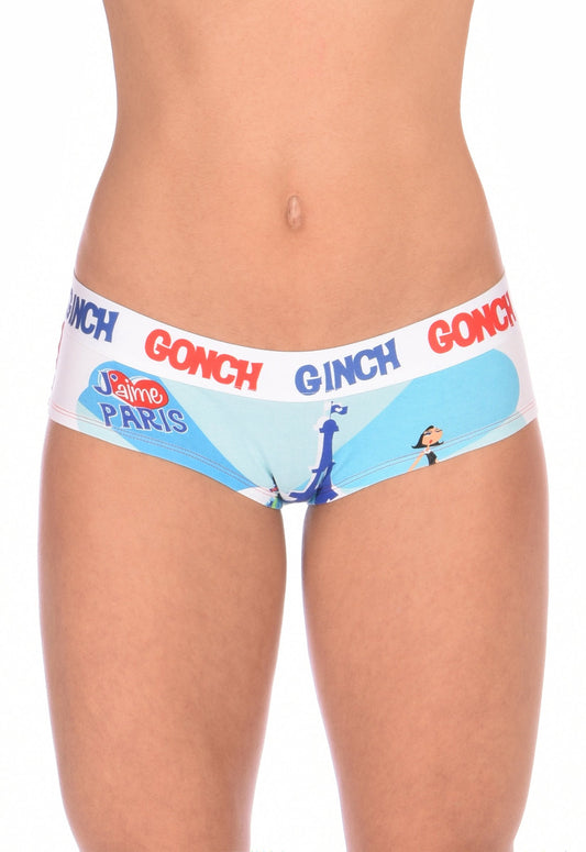 GG Ginch Gonch I Love Paris boy cut cheeky gogo -  women's Underwear white fabric with scene of eiffel tower and french person and white printed waistband front
