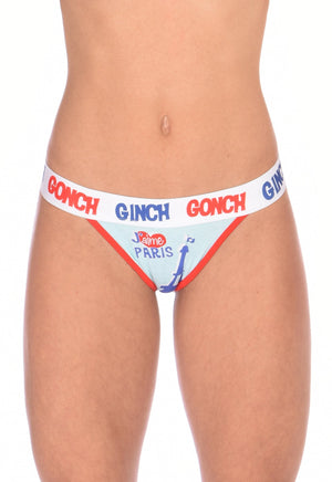 GG Ginch Gonch I Love Paris thong -  women's Underwear white fabric with scene of eiffel tower and white printed waistband front