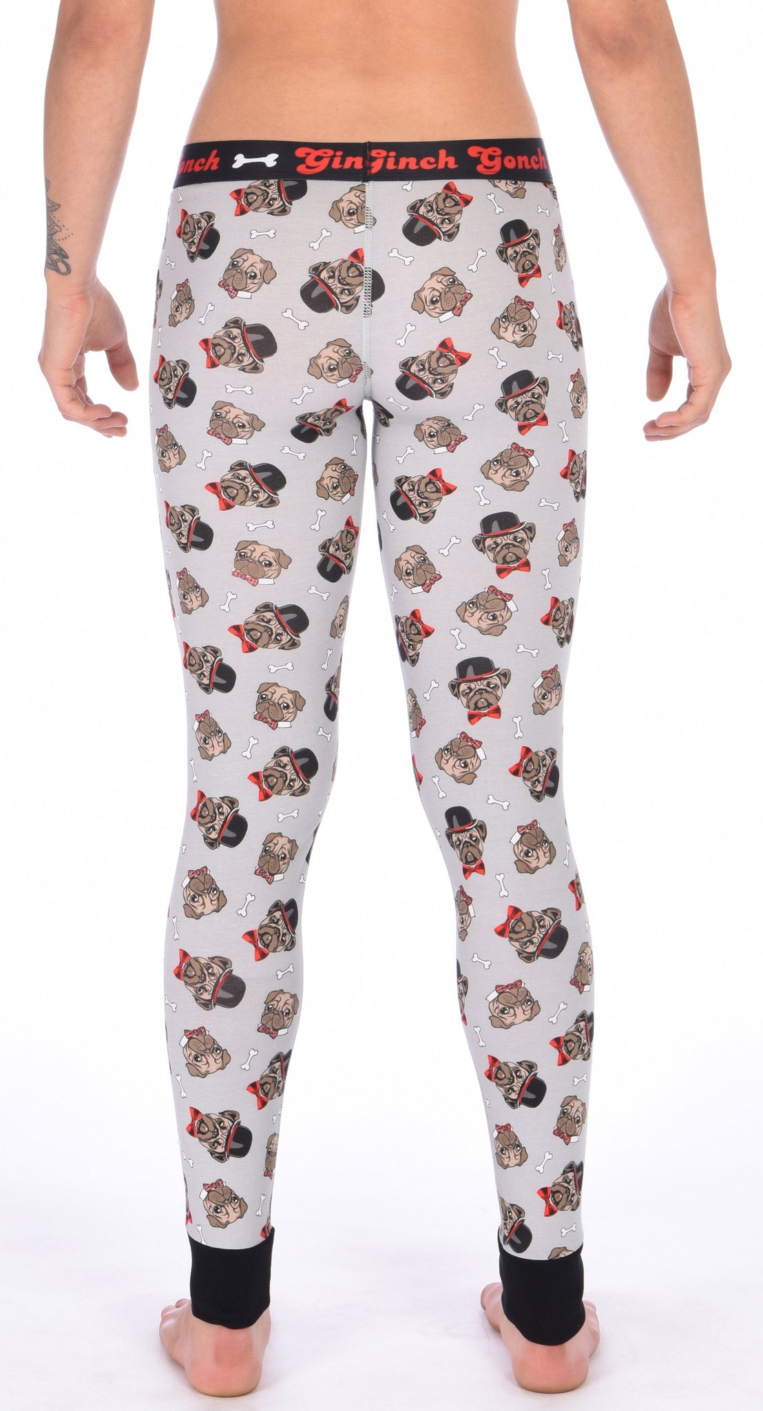 GG Ginch Gonch Pug Life leggings long johns - women's Underwear grey background with pugs with top hats and bow ties and bones. Black trim and y front with black printed waistband back