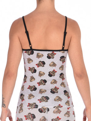 GG Ginch Gonch Pug Life cami camisole spaghetti strap - Women's Underwear grey background with pugs with top hats and bow ties and bones. Black trim, adjustable straps back