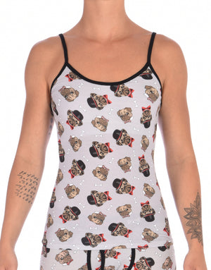 GG Ginch Gonch Pug Life cami camisole spaghetti strap - Women's Underwear grey background with pugs with top hats and bow ties and bones. Black trim, straps front