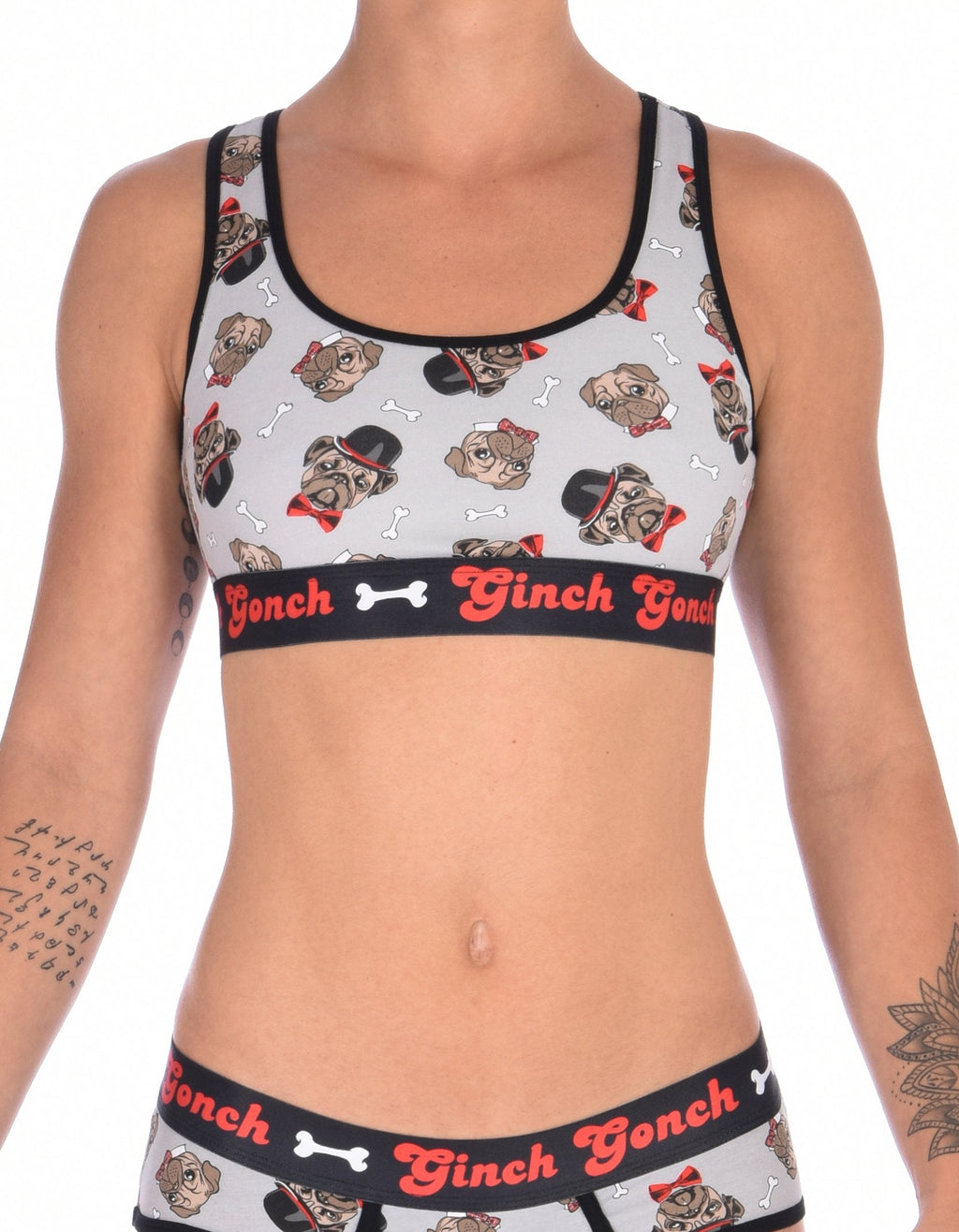 GG Ginch Gonch Pug Life sports bra - women's Underwear grey background with pugs with top hats and bow ties and bones. Black trim with black printed band front. 