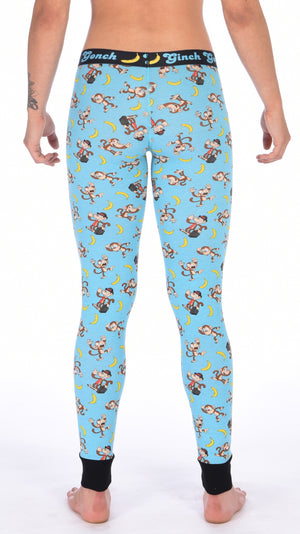 Ginch Gonch Monkey Business Women's Leggings Long Johns Underwear with blue background, monkeys, and bananas. Black trim and printed waistband with Ginch Gonch and bananas. Back.