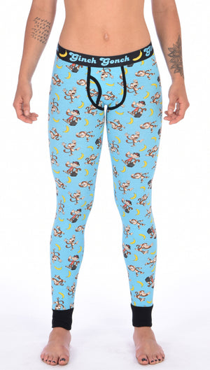 Ginch Gonch Monkey Business Women's Leggings Long Johns Underwear with blue background, monkeys, and bananas. Black trim and printed waistband with Ginch Gonch and bananas. Front.