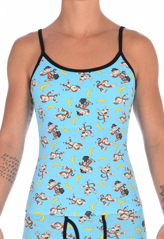 Ginch Gonch Monkey Business Women's Camisole Cami Spaghetti Strap Underwear with blue background, monkeys, and bananas. Black trim. Front. 