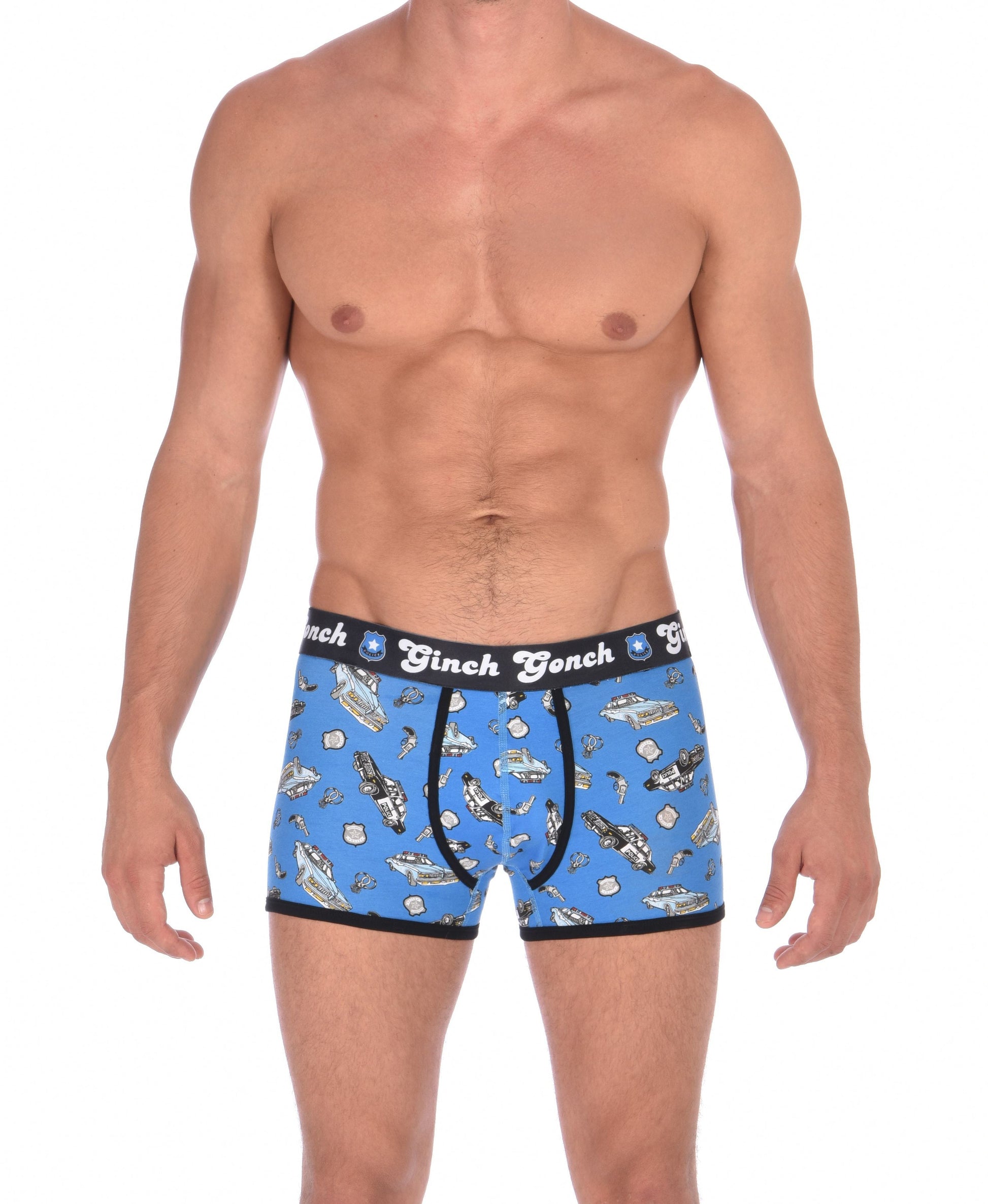Ginch GonchGG Patrol Boxer Brief trunk men's underwear blue fabric with cop cars, badges, hand cuffs, and guns. Black trim and black printed waistband front. 