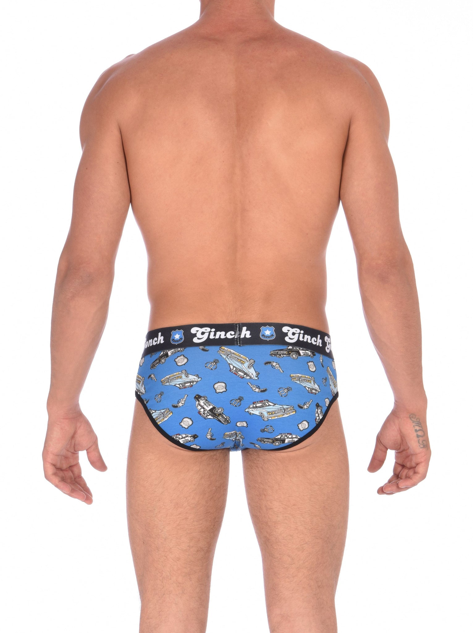 Ginch Gonch GG Patrol low rise y front Brief men's underwear blue fabric with cop cars, badges, hand cuffs, and guns. Black trim and black printed waistband back