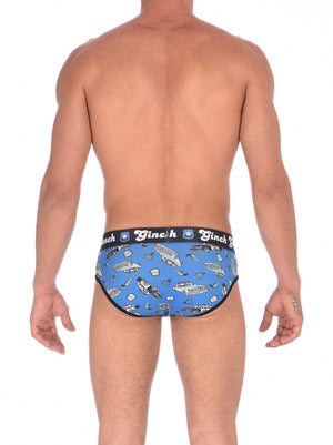 Ginch Gonch GG Patrol low rise y front Brief men's underwear blue fabric with cop cars, badges, hand cuffs, and guns. Black trim and black printed waistband back