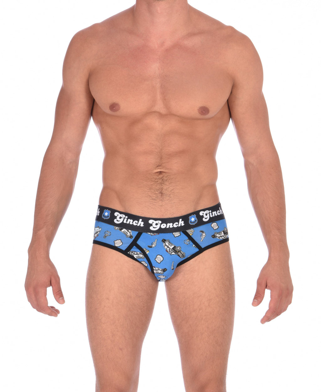 Ginch Gonch GG Patrol low rise y front Brief men's underwear blue fabric with cop cars, badges, hand cuffs, and guns. Black trim and black printed waistband front. 