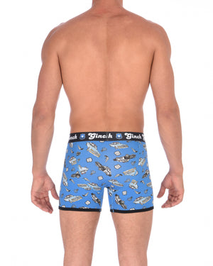 Ginch GonchGG Patrol Boxer Brief trunk men's underwear blue fabric with cop cars, badges, hand cuffs, and guns. Black trim and black printed waistband back