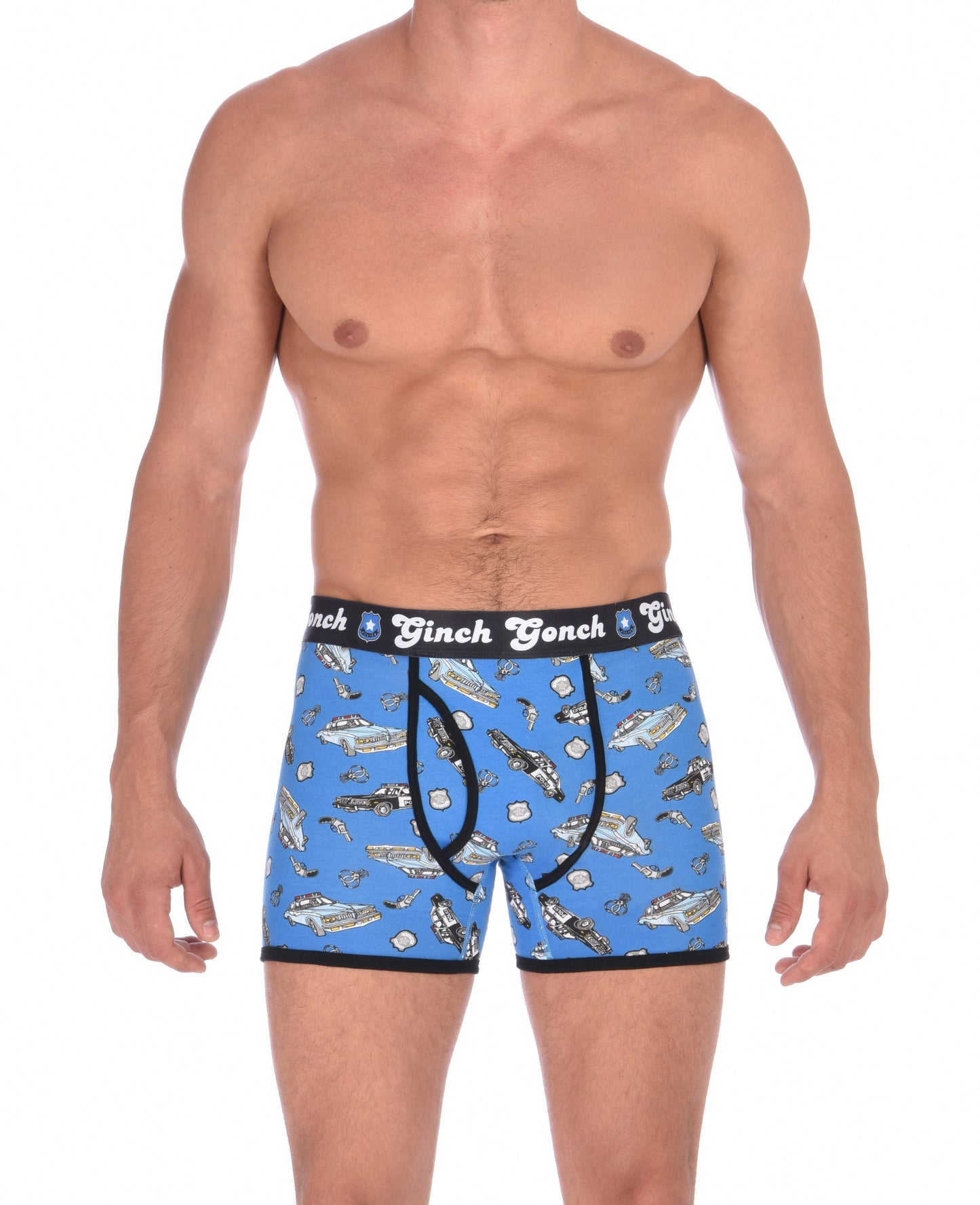 Ginch GonchGG Patrol Boxer Brief trunk men's underwear blue fabric with cop cars, badges, hand cuffs, and guns. Black trim and black printed waistband front. 