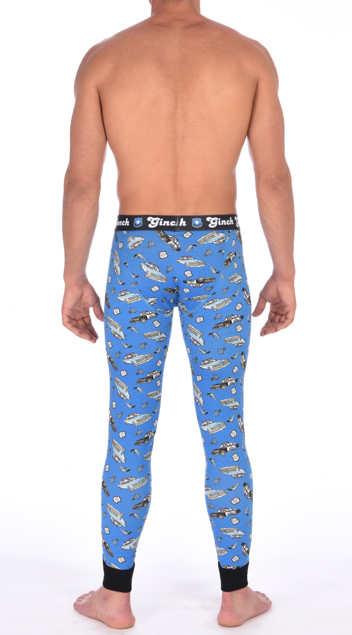 Ginch Gonch GG Patrol long john legging men's long underwear y front blue fabric with cop cars, badges, hand cuffs, and guns. Black trim and black printed waistband back